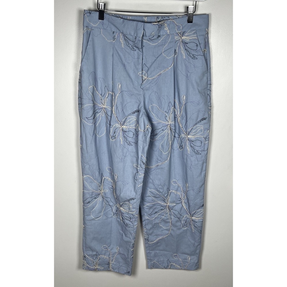 Zara Size Medium Blue Floral Embroidery High Rise Ankle Pleated Pants NWOT - Picture 4 of 14